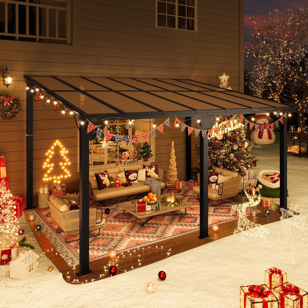 10' x 14' Gazebo, Wall Mounted Gazebos Pergola, Outdoor Patio, Gazebo Awnings with Sloped Roof, for Porch, Deck, Backyard