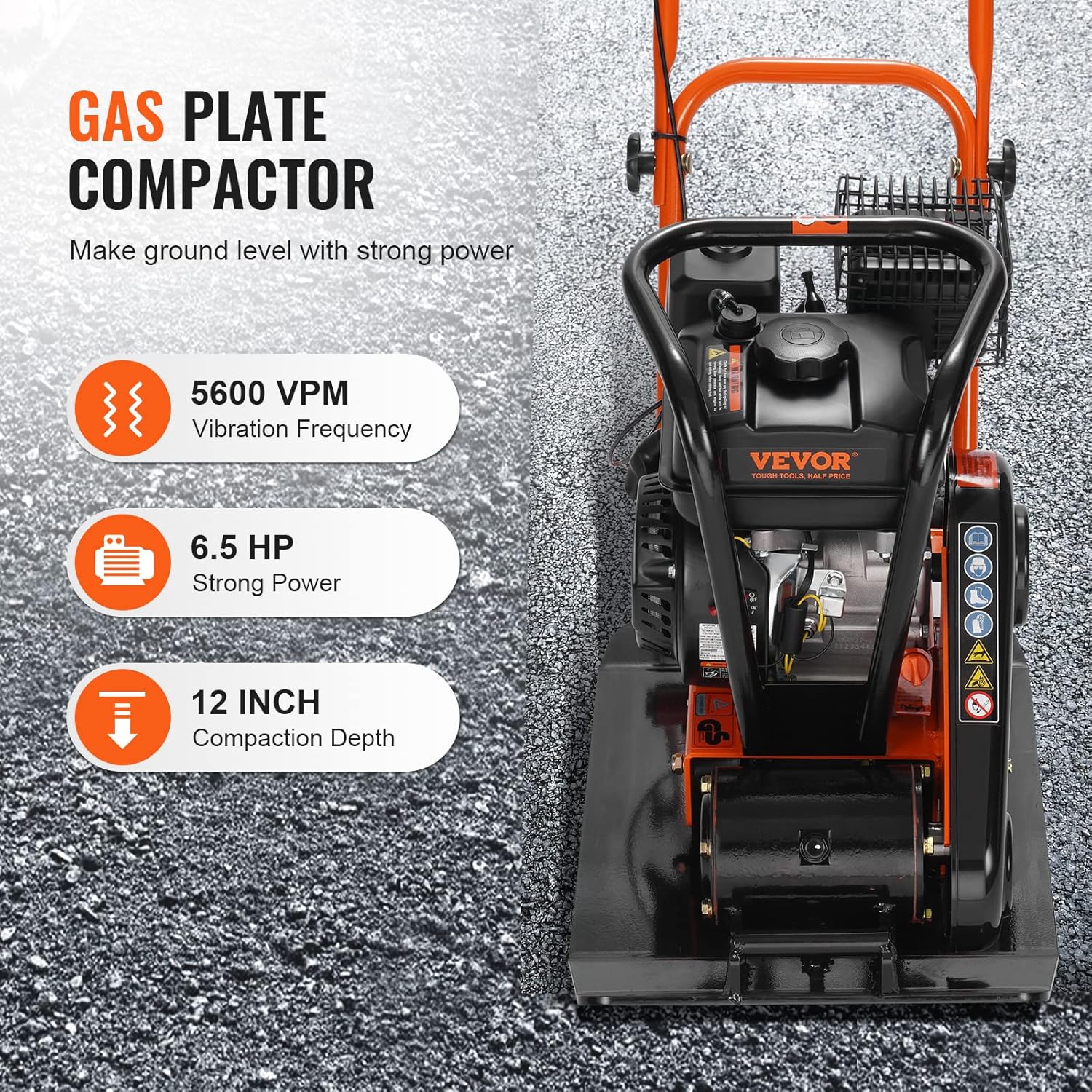 6.5HP Plate Compactor, 196CC Gas Engine, 4200 lbs Vibratory Compaction Tamper, 22.1x15.9 in Plate Power Jumping Jack Tamper, 5600 VPM Pavement Compactor for Walkways, Asphalts, Paver Landscaping