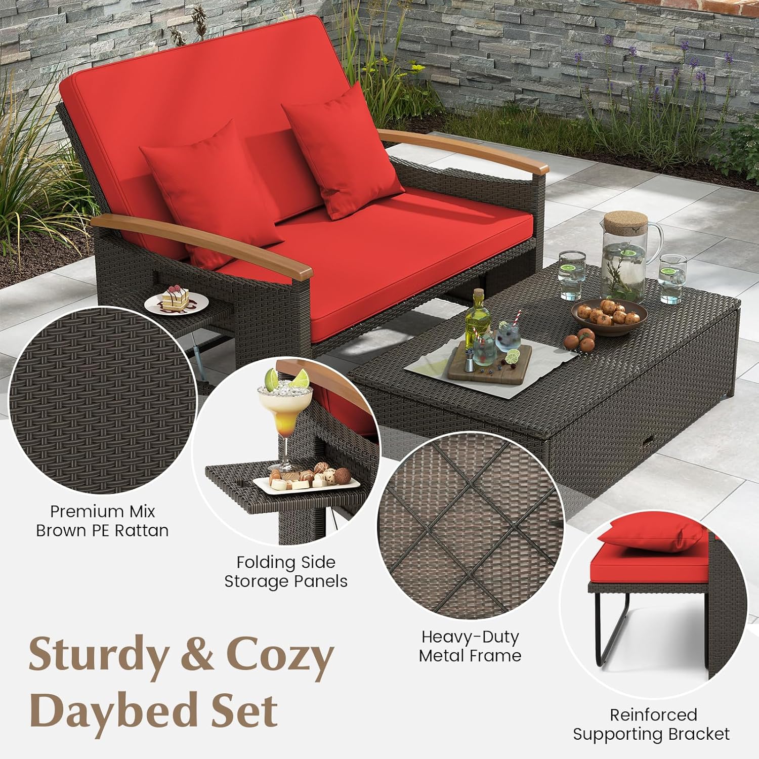 Outdoor Wicker Sofa Daybed, Rattan Loveseat with Folding Panels & Storage Ottoman, 4-Level Adjustable Backrest, Cozy Cushions Included, Sun Lounger Daybed for Backyard Porch,