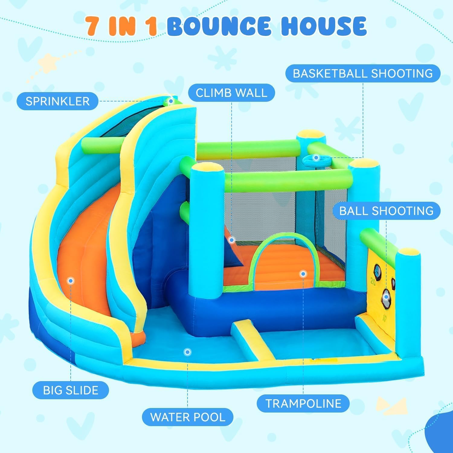 Inflatable Bounce House, Air Bounce House with Water Slides, Climbing Wall, Jumping and Splash Pool, Ball Shooting, Kids Bouncy Castle for Outdoor Backyard Discovery(with 450W Blower)