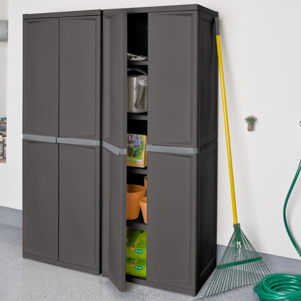 4 Shelf Cabinet, Plastic Organization Storage Unit, Organize Bins in the Garage, Basement, Attic, Mudroom, Gray, 1-Pack