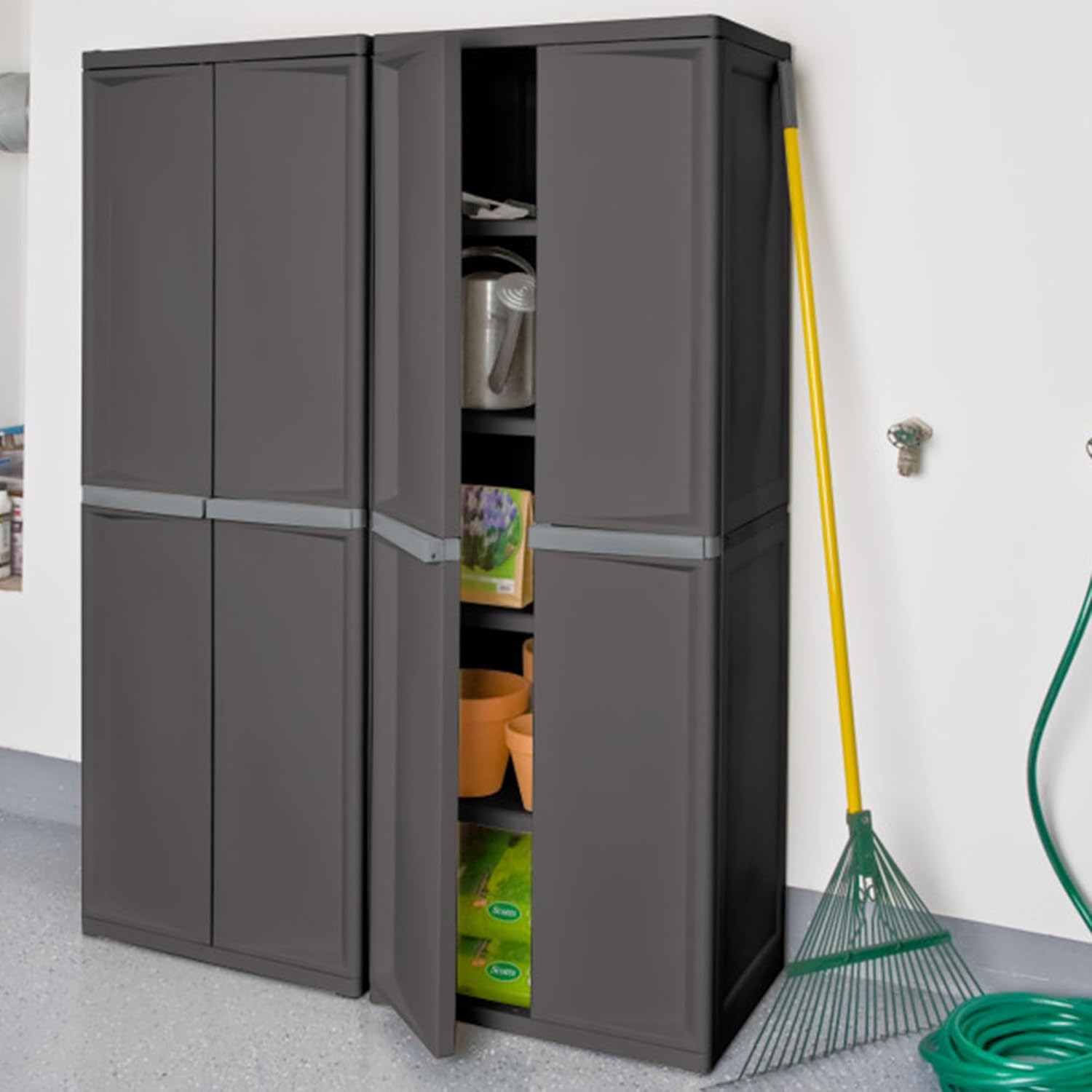 4 Shelf Cabinet, Plastic Organization Storage Unit, Organize Bins in the Garage, Basement, Attic, Mudroom, Gray, 1-Pack