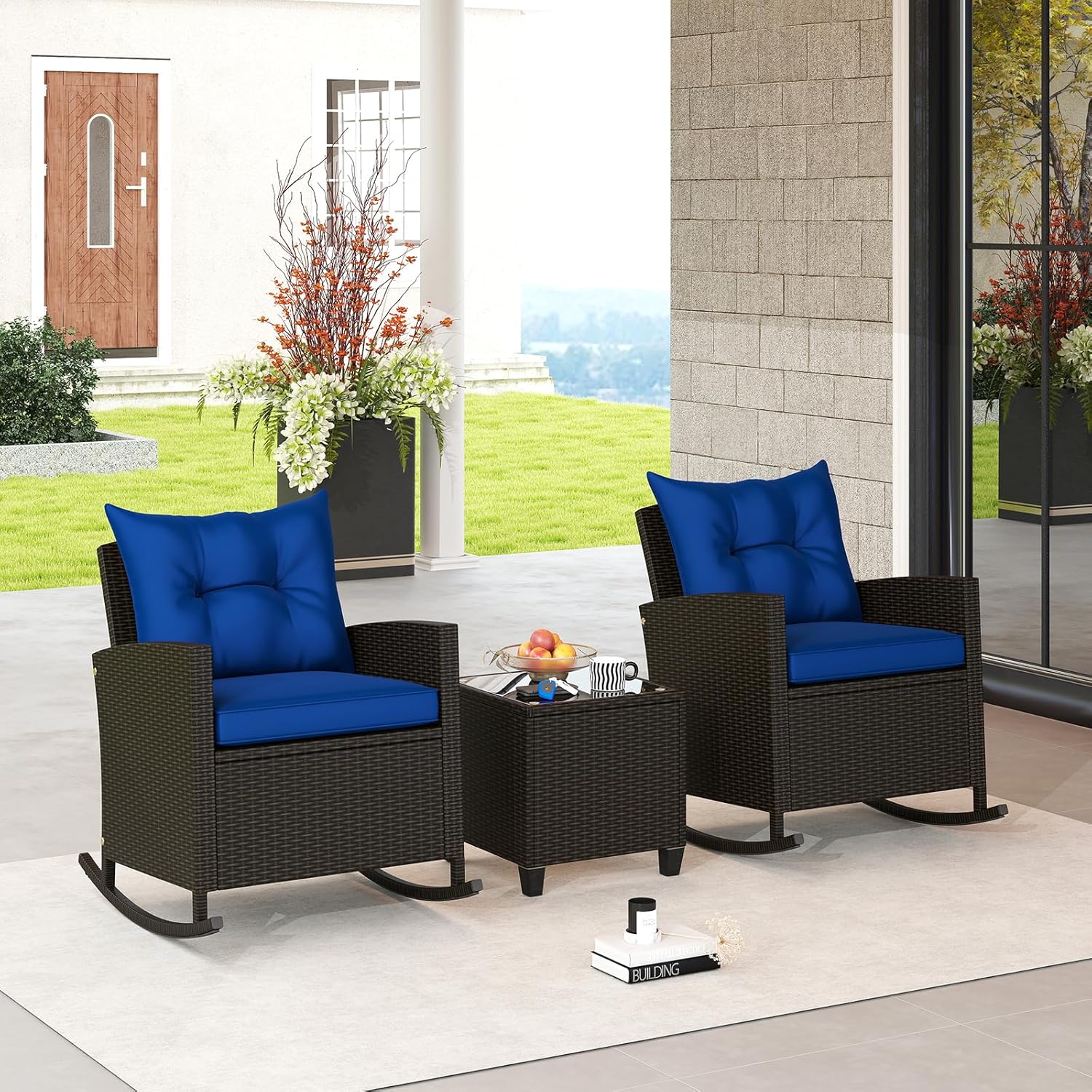 3 Pieces Patio Furniture Set, Outdoor Wicker Rocking Chairs with Soft Cushions, Glass Coffee Table, Rattan Conversation Bistro Rocker Set for Front Porch Balcony Garden Deck Poolside (Red)