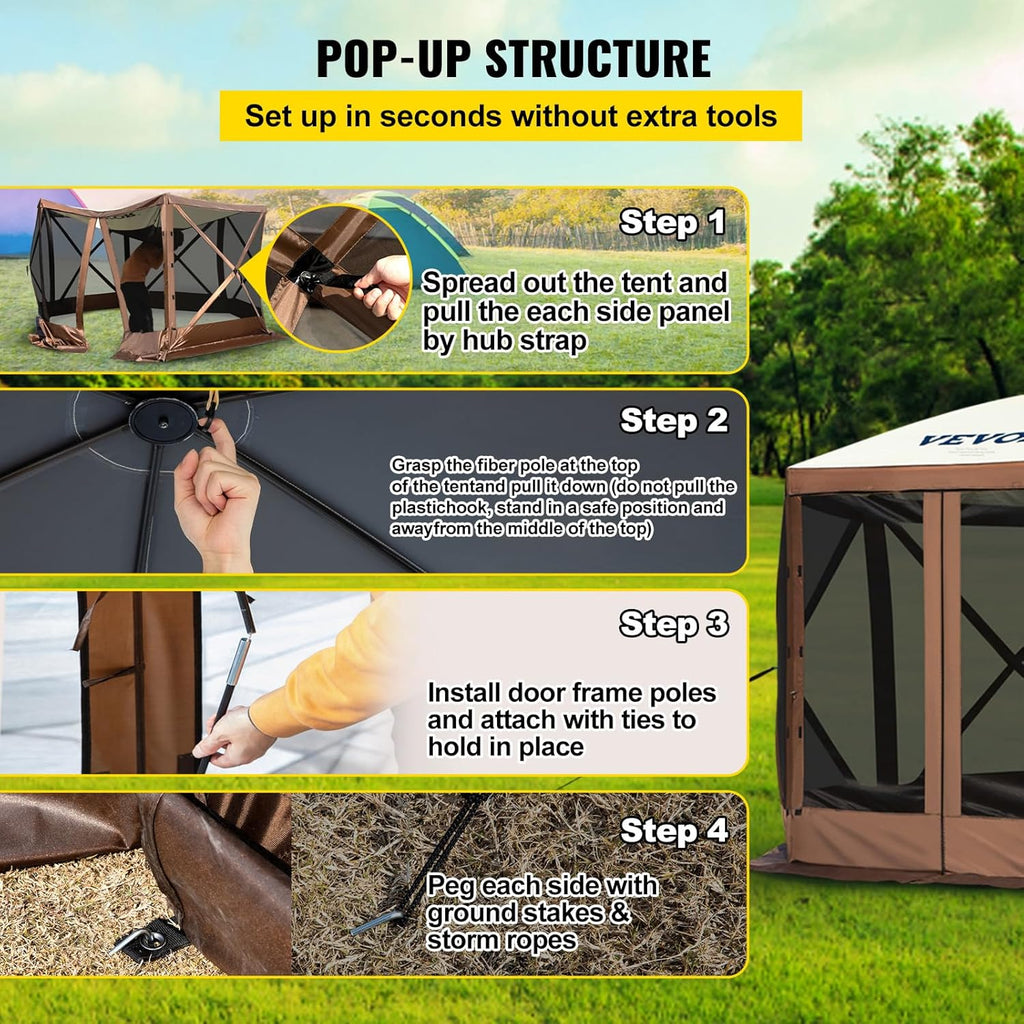 Camping awning tent, with dimensions of 12 feet by 12 feet, a hexagonal foldable sunshade tent, suitable for 8 people camping, IPX3 waterproof awning, equipped with a portable storage bag, ground stakes, mesh windows, in colors of brown and beige.