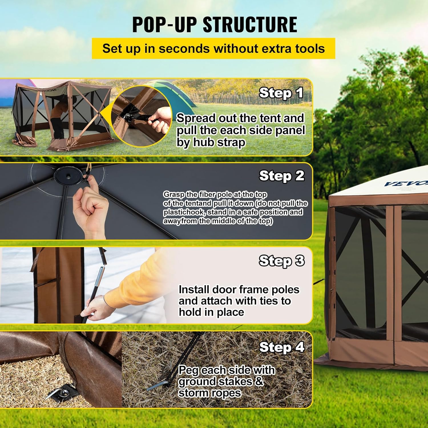 Camping awning tent, with dimensions of 12 feet by 12 feet, a hexagonal foldable sunshade tent, suitable for 8 people camping, IPX3 waterproof awning, equipped with a portable storage bag, ground stakes, mesh windows, in colors of brown and beige.