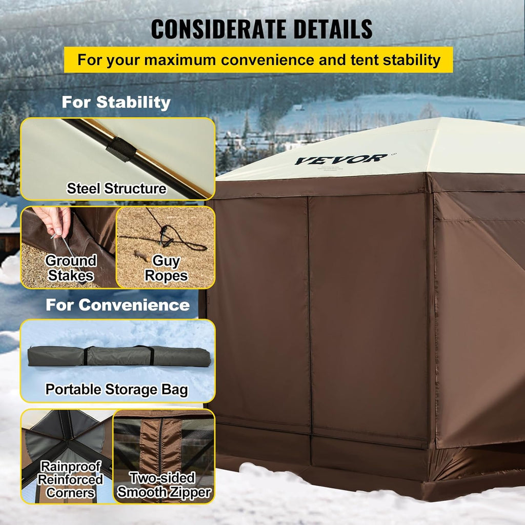 Camping awning tent, with dimensions of 12 feet by 12 feet, a hexagonal foldable sunshade tent, suitable for 8 people camping, IPX3 waterproof awning, equipped with a portable storage bag, ground stakes, mesh windows, in colors of brown and beige.