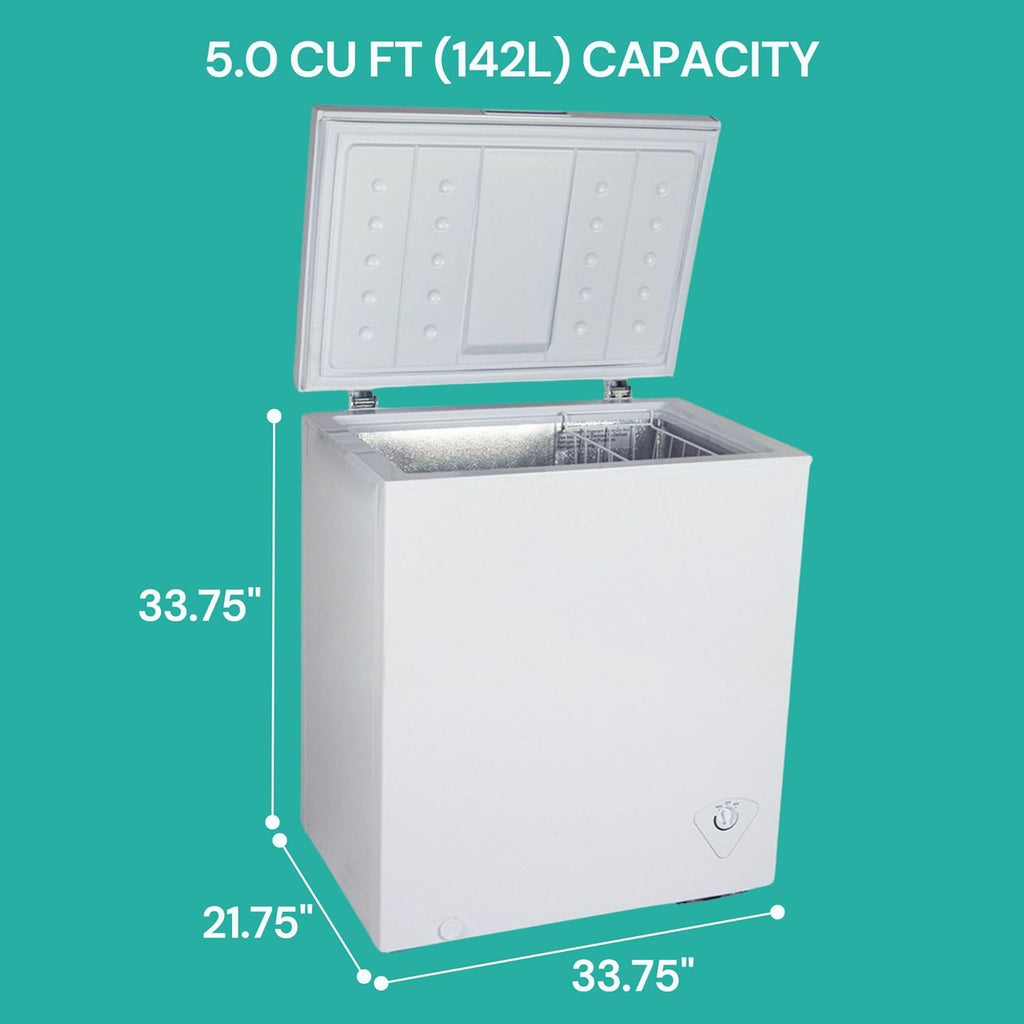 5.0 cu ft (155L), White, Manual Defrost Deep Freeze, Storage Basket, Space-Saving Flat Back, Stay-Open Lid, Front-Access Defrost Drain, for Apartment, Condo, Cottage