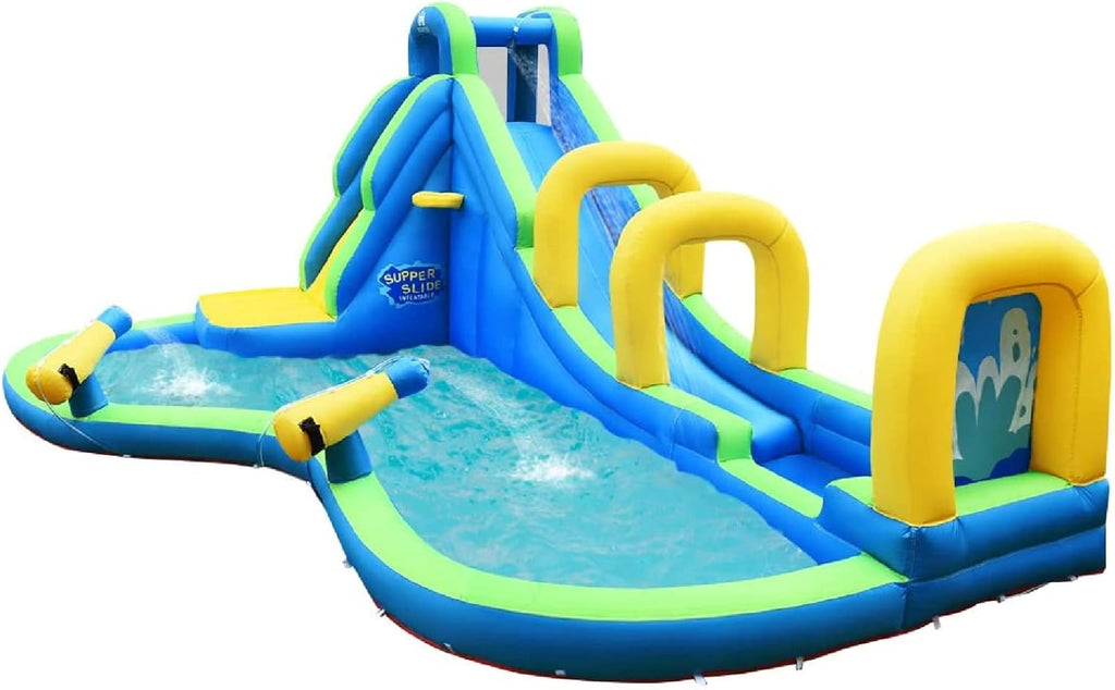 Inflatable Water Slides, 5 in 1 Kids Castle Bouncy House w/2 Water Cannons & Hose, Long Slides w/Arch, Climbing Wall & Splash Pool, Outdoor Blow Up Water Park for Backyard(Without Blower)