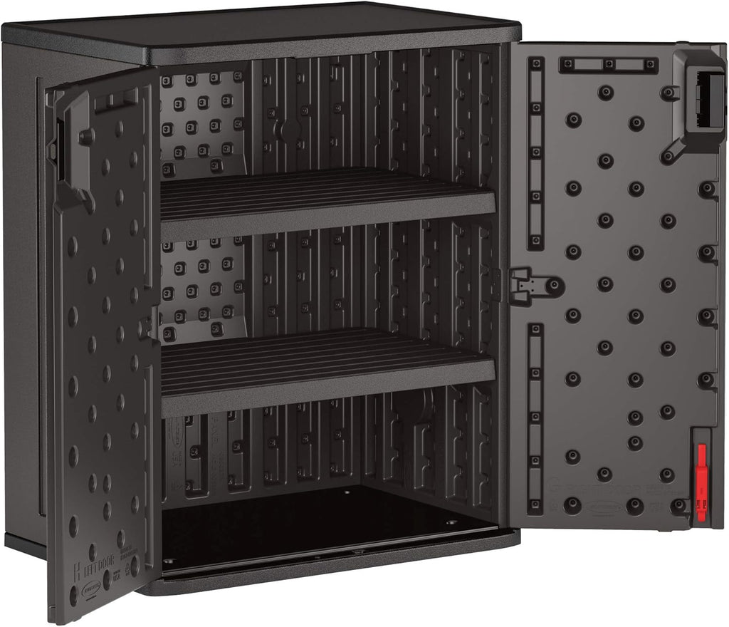 Suncast Commercial Heavy-Duty 9 Cubic Ft. Resin Storage Cabinet with Lockable Handles, Adjustable Metal-Reinforced Shelves for Garage or Workspace, Black, Made in The USA