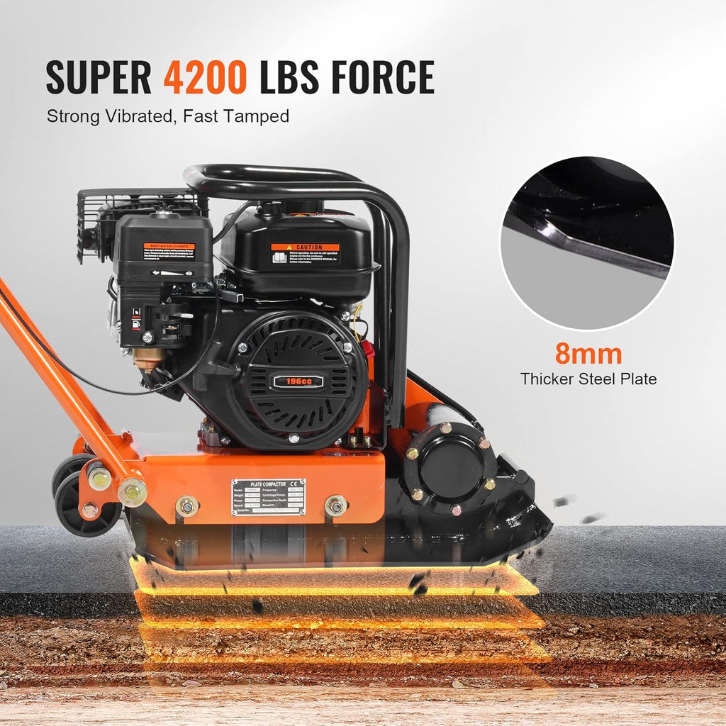 6.5HP Plate Compactor, 196CC Gas Engine, 4200 lbs Vibratory Compaction Tamper, 22.1x15.9 in Plate Power Jumping Jack Tamper, 5600 VPM Pavement Compactor for Walkways, Asphalts, Paver Landscaping