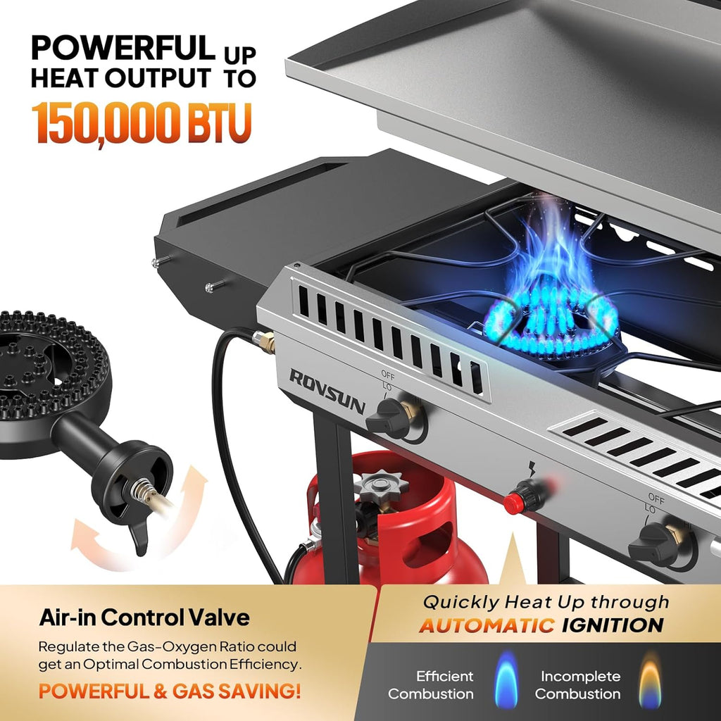 2 Burner Outdoor Propane Gas Stove with Griddle, Auto-ignition, Regulator & Side Shelves, 150,000 BTU Powerful Stand Cooker for Backyard Cooking Home Brewing Canning Frying Grilling