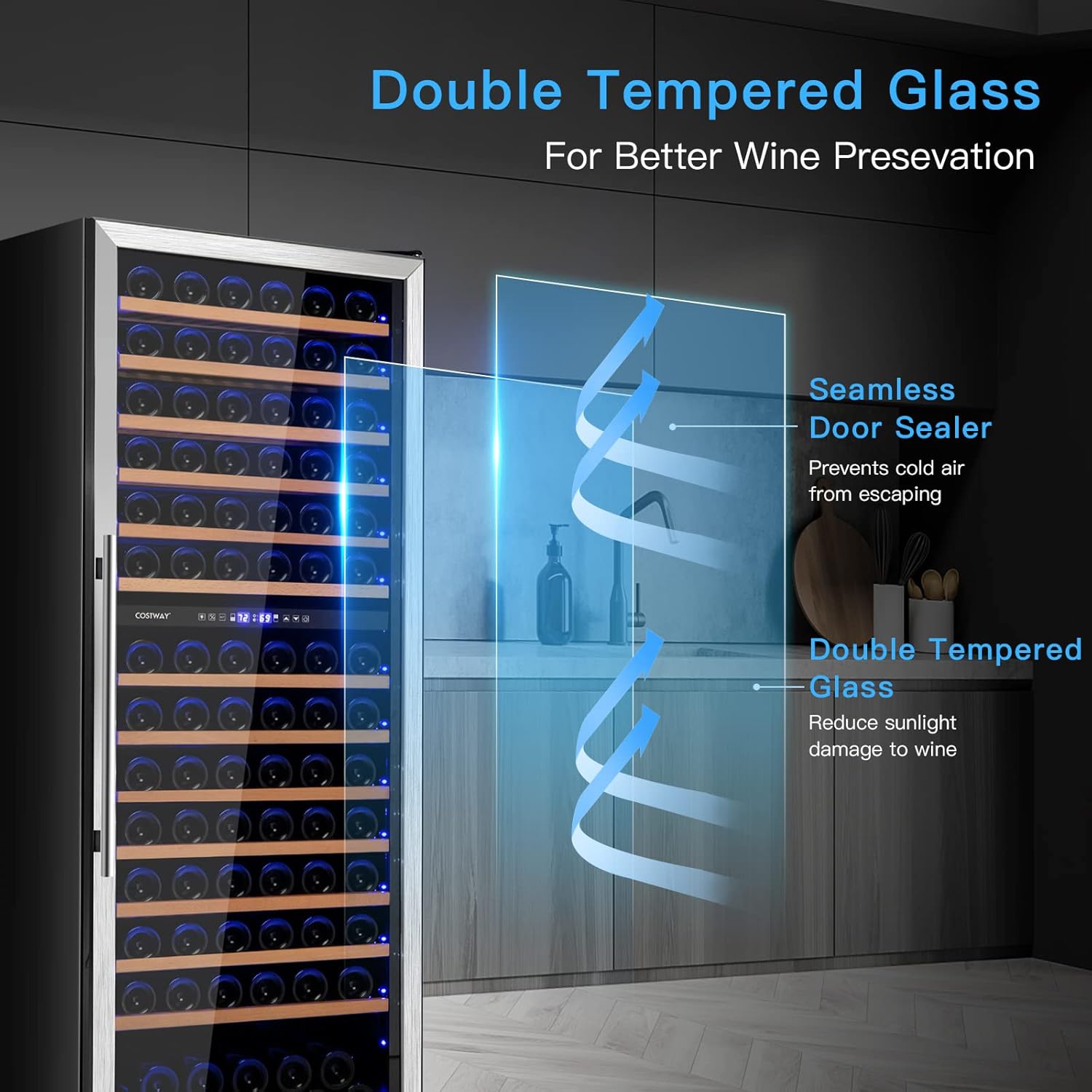 24-Inch Wine Cooler Refrigerator, 154-Bottle Dual Zone Wine Cellar with Dual Temperature Control, Tempered Glass Door, Memory Function, Freestanding or Built-in Wine Fridge for Home Bar
