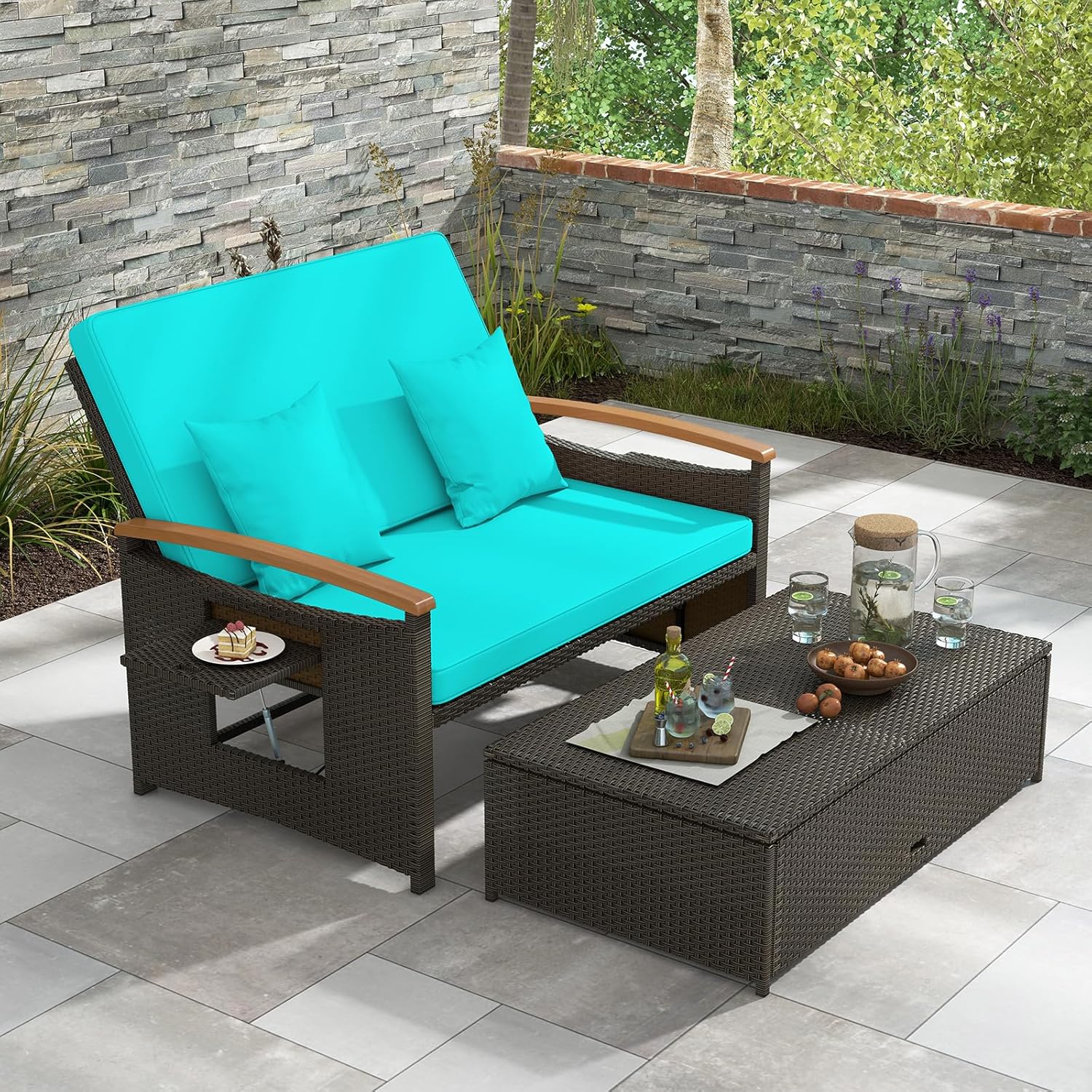 Outdoor Wicker Sofa Daybed, Rattan Loveseat with Folding Panels & Storage Ottoman, 4-Level Adjustable Backrest, Cozy Cushions Included, Sun Lounger Daybed for Backyard Porch,