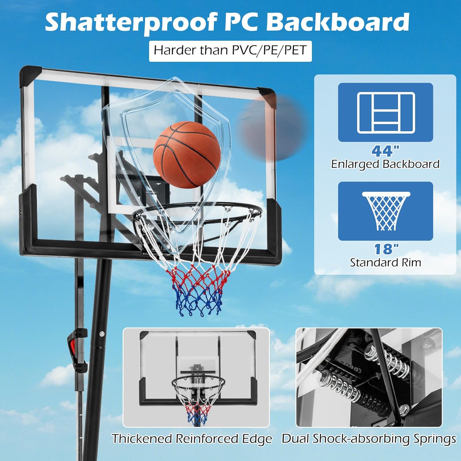 4.9-10 FT Height Adjustable Basketball Goal with 44 Inch PC Backboard, Rebound Plate & Wheels for Teens Adults, Portable Basketball Hoop for Indoor & Outdoor