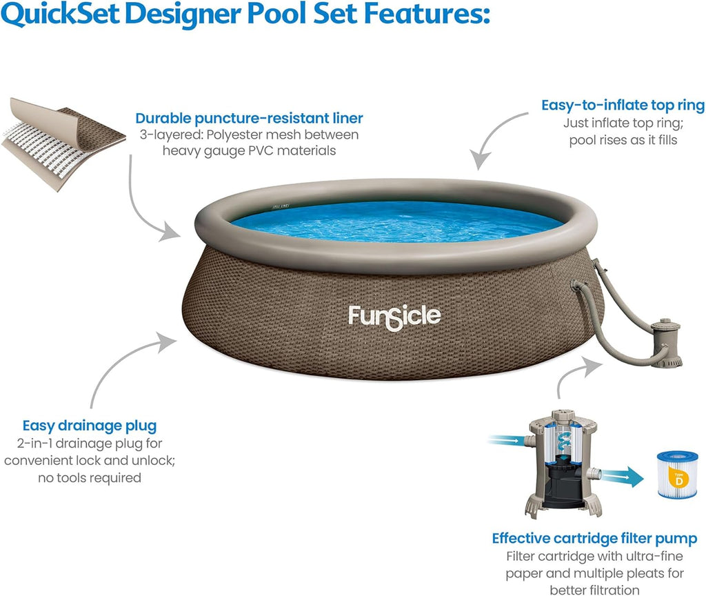 12ft x 36in Round Inflatable Above Ground Swimming Pool with Filter Pump – Easy Setup with Top Ring Design