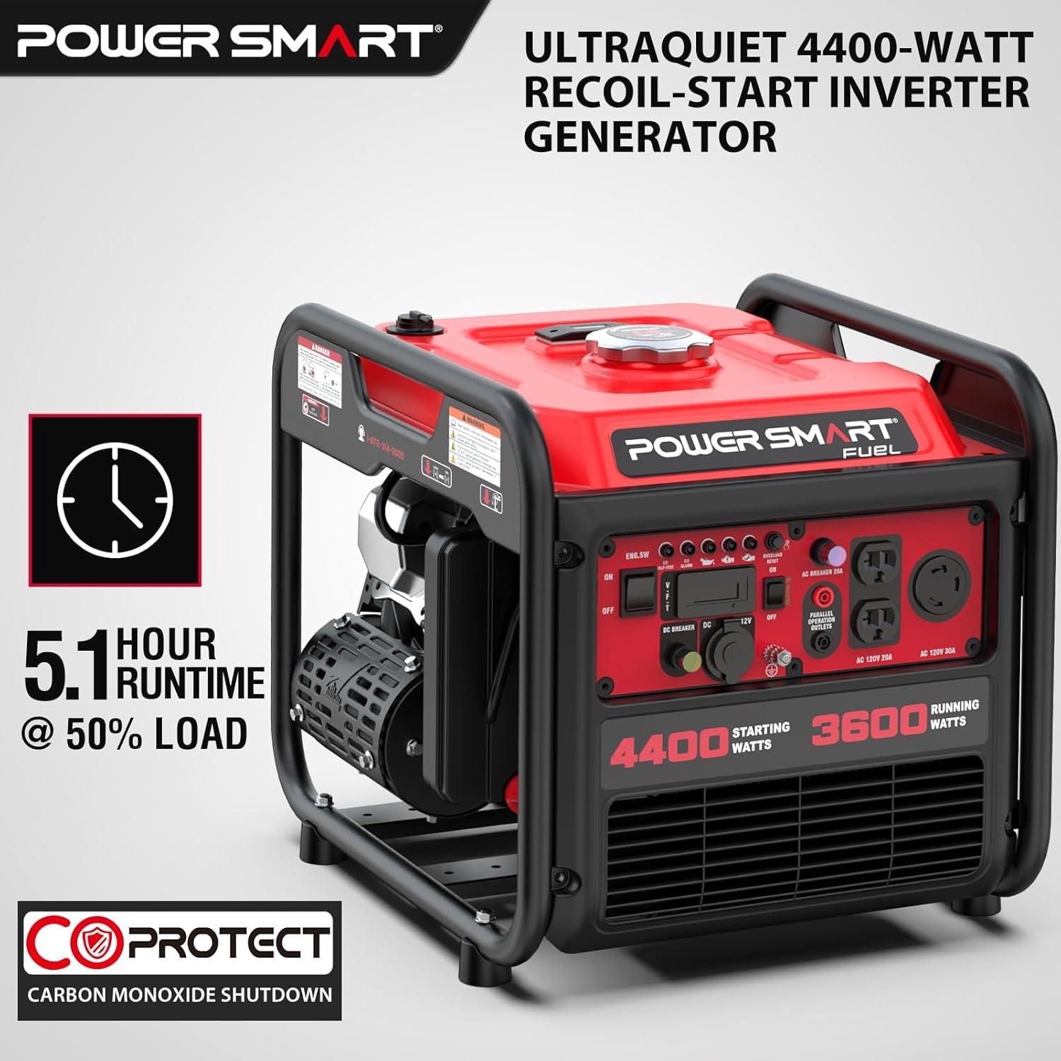 4400W Gas Powered Open Frame Inverter Generator, Portable Generator for Home Use, Jobsit, RV Ready with 30A Outlet, Recoil Start