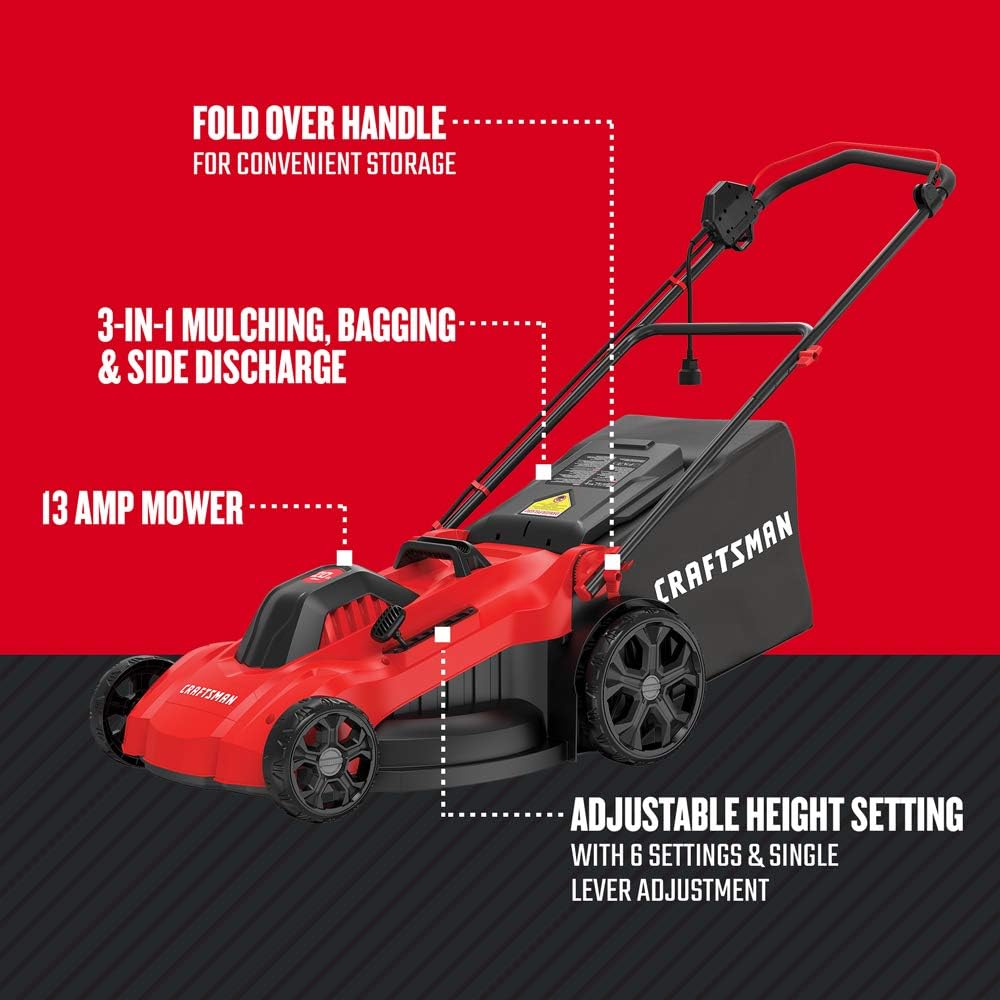 Electric Lawn Mower, 20-Inch, Corded, 13-Ah , Red