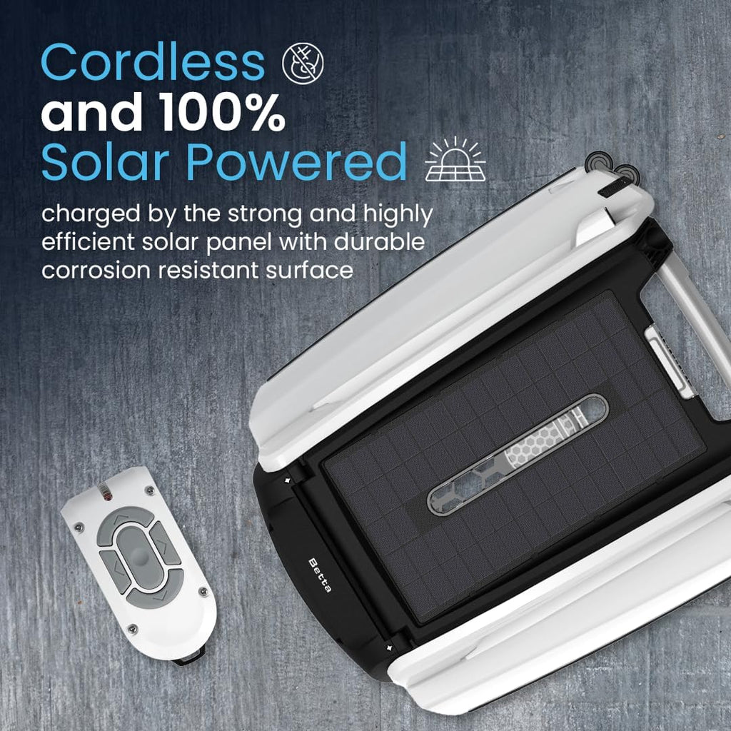 SE features a solar-powered automatic pool skimmer robot, with enhanced internal durability and a redesigned dual-salt chlorine-resistant motor (white)