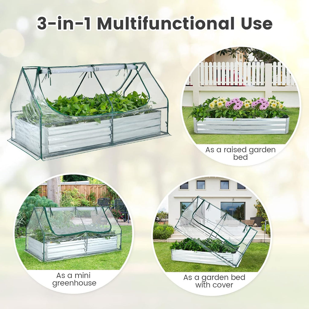 Galvanized Steel Raised Garden Bed with Mini Greenhouse, Outdoor Metal Planter Box Kit with Large Roll-up Cover, 71"x 35.5"x 36" Planter Raised Bed for Flower Vegetable Fruit (Green & Silver)