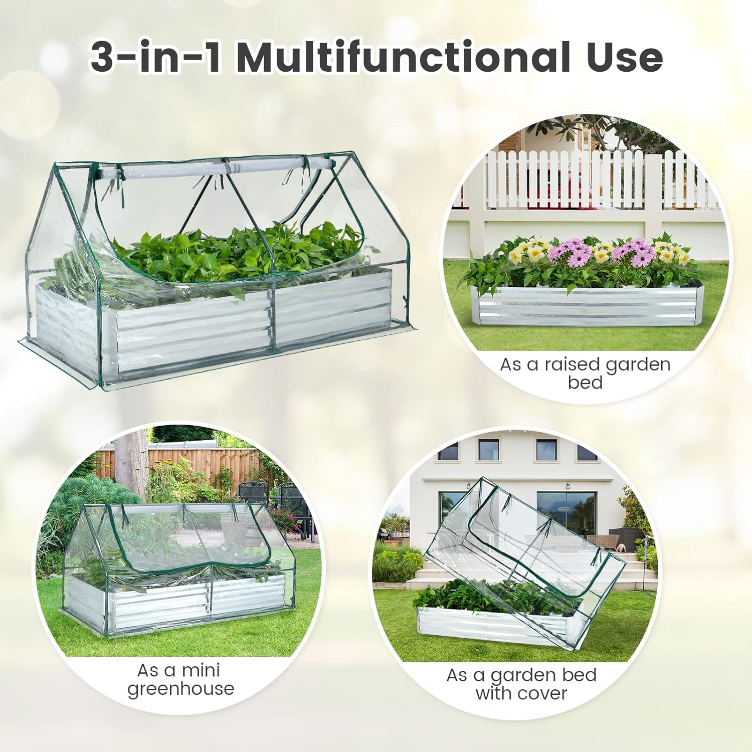 Galvanized Steel Raised Garden Bed with Mini Greenhouse, Outdoor Metal Planter Box Kit with Large Roll-up Cover, 71"x 35.5"x 36" Planter Raised Bed for Flower Vegetable Fruit (Green & Silver)