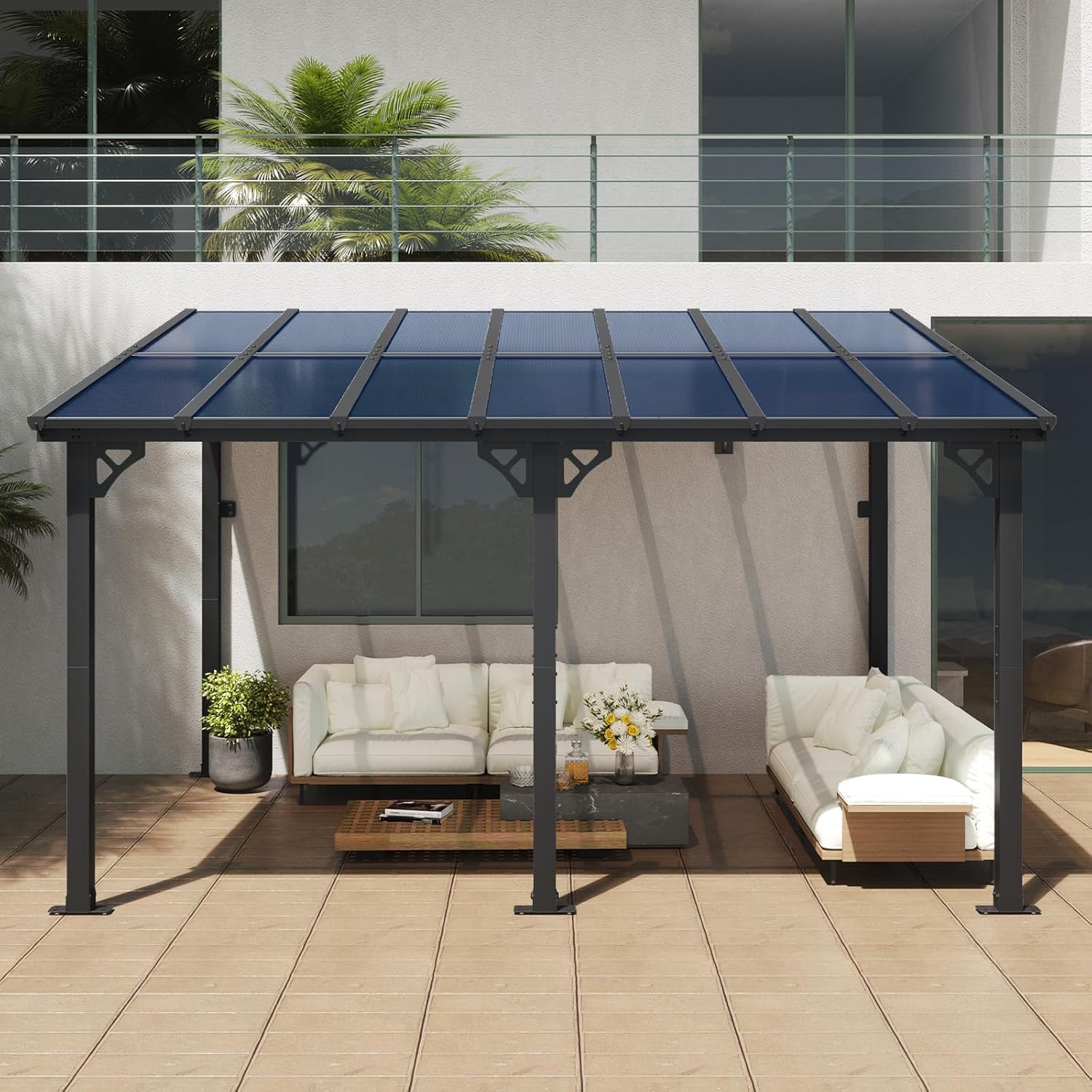10' x 14' Gazebo, Wall Mounted Gazebos Pergola, Outdoor Patio, Gazebo Awnings with Sloped Roof, for Porch, Deck, Backyard