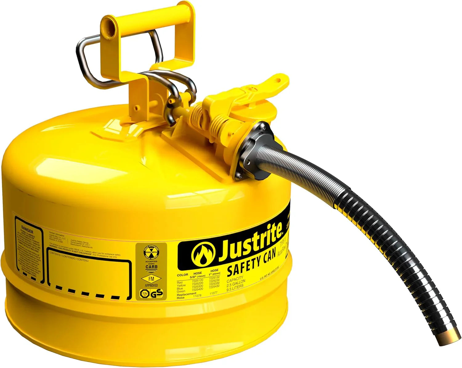 Justrite 5-Gallon Type II Red Safety Gas Can �� OSHA-Approved Steel Fuel Container with Flame Arrester, Self-Closing Lid & 1" Flexible Spout (7250130)
