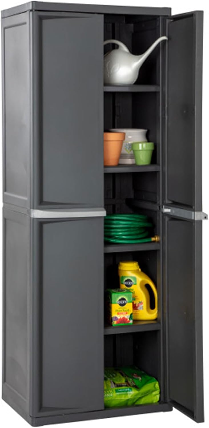 4 Shelf Cabinet, Plastic Organization Storage Unit, Organize Bins in the Garage, Basement, Attic, Mudroom, Gray, 1-Pack