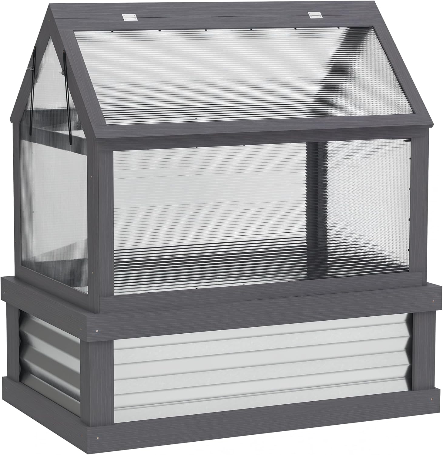Raised Garden Bed with Polycarbonate Greenhouse, Wooden Cold Frame Greenhouse, Garden Flower Planter Protection, Peak Roof, 35.5" x 22.5" x 38.25", Gray