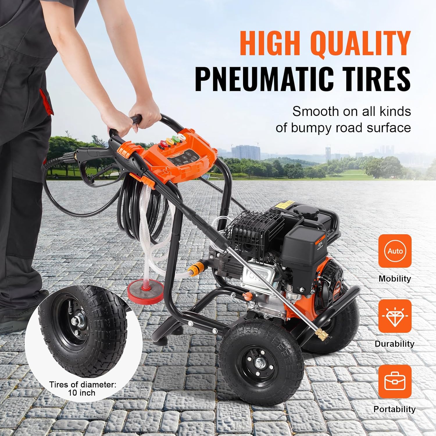 3400 PSI 2.6 GPM, Gas Powered Pressure Washer with Aluminum Pump, Spray Gun and Extension Wand, 5 Quick Connect Nozzles, for Cleaning Cars, Homes, Driveways, Patios