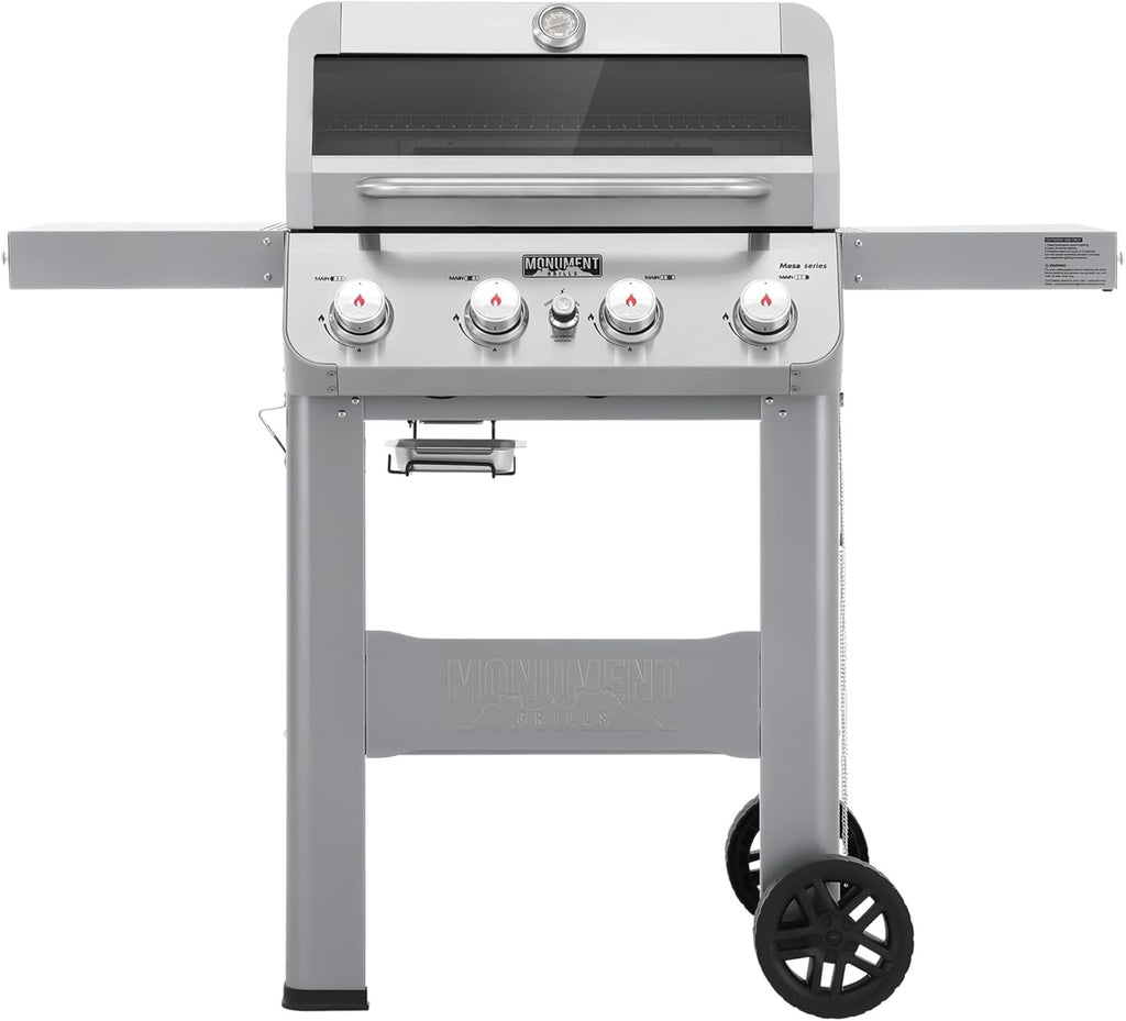 4-Burner Liquid Propane Gas Grill, Silver Stainless Steel Grill Outdoor Patio Garden Barbecue Grill with Clearview® Lid and One Foldable Shelves, Mesa400MF