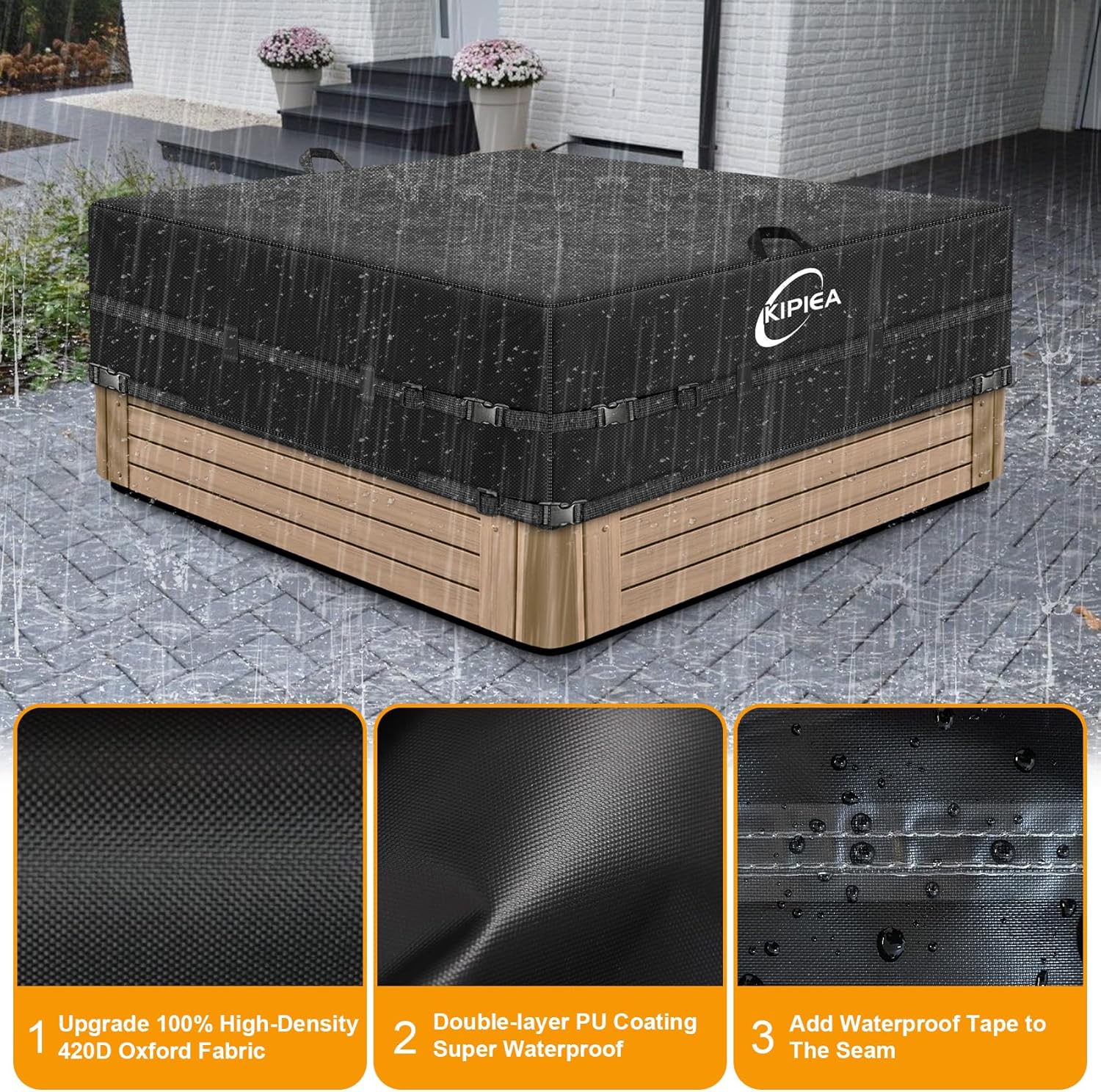 Kipiea Waterproof Square Hot Tub Cover Protector, Heavy Duty Polyester SPA Cover UV Protection Cover for Hot Tub (85" L x 85" W x 20" H)