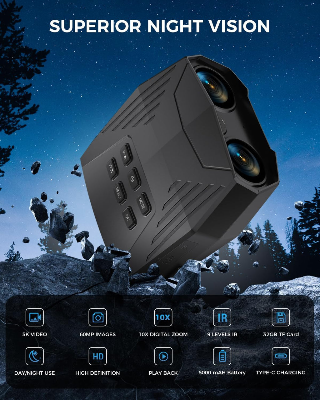 Night Vision Goggles - 5K Night Vision Binoculars for Adults, 5000mAh Rechargeable Infrared Binoculars with 3'' Large Screen, 10X Digital Zoom External Flashlight for Camping