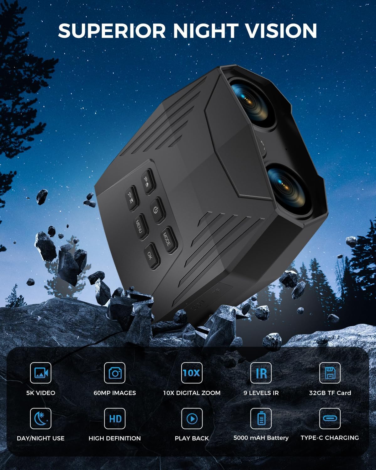 Night Vision Goggles - 5K Night Vision Binoculars for Adults, 5000mAh Rechargeable Infrared Binoculars with 3'' Large Screen, 10X Digital Zoom External Flashlight for Camping
