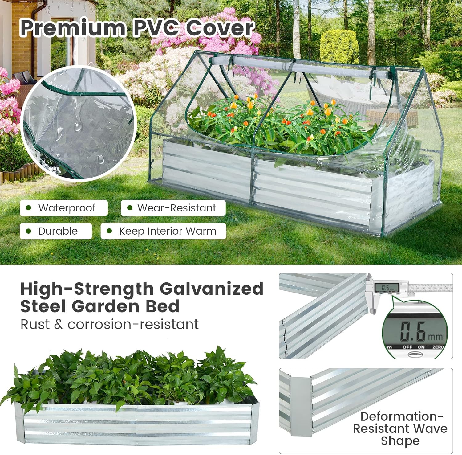Galvanized Steel Raised Garden Bed with Mini Greenhouse, Outdoor Metal Planter Box Kit with Large Roll-up Cover, 71"x 35.5"x 36" Planter Raised Bed for Flower Vegetable Fruit (Green & Silver)
