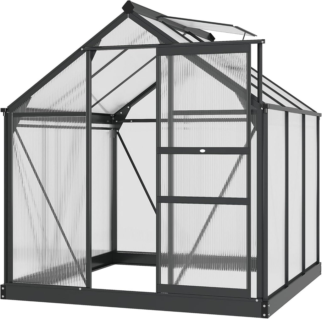 Outsunny 6' x 6' x 6.6' Polycarbonate Greenhouse, Walk-in Green House Kit Garden, Plants Grow, Galvanized Sheet Aluminum Frame with Rain Gutter, Vent and Sliding Door, Grey