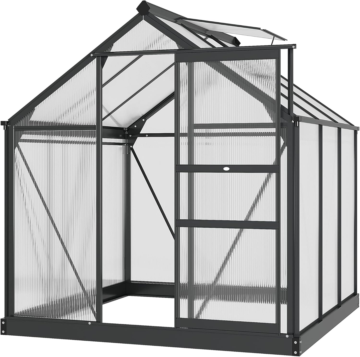 Outsunny 6' x 6' x 6.6' Polycarbonate Greenhouse, Walk-in Green House Kit Garden, Plants Grow, Galvanized Sheet Aluminum Frame with Rain Gutter, Vent and Sliding Door, Grey