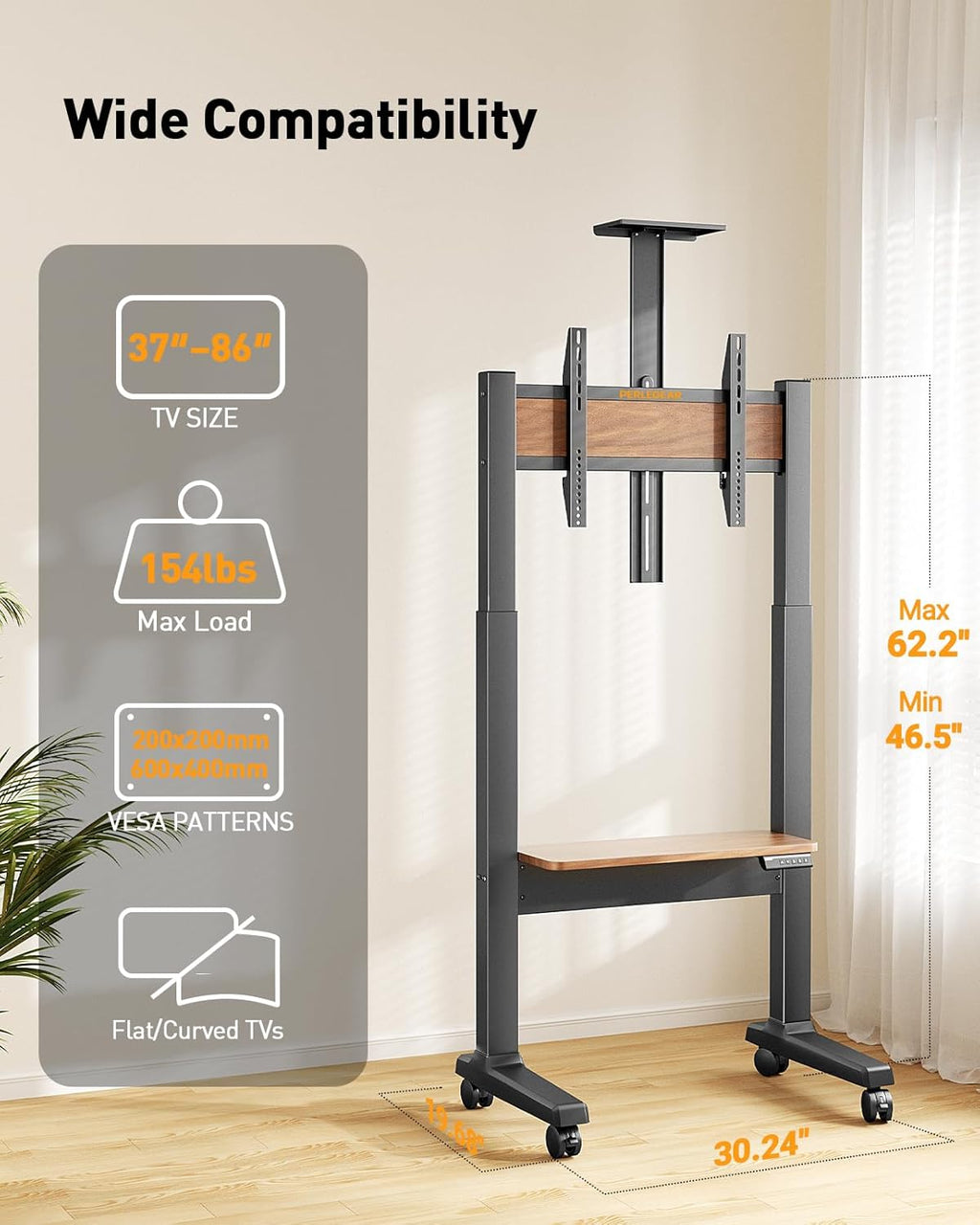 Motorized Mobile TV Stand on Wheels for 37–86 Inch TVs up to 154 lbs, Electric Height Adjustable Rolling TV Stand, VESA 200x200–600x400mm, Wooden Shelf & Panel,