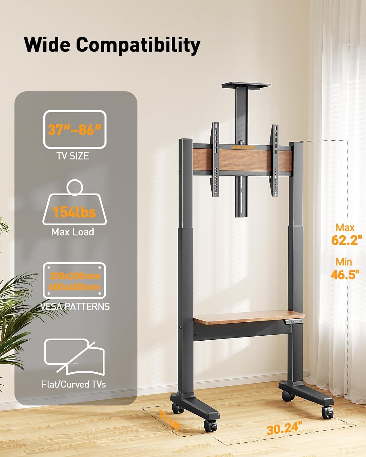 Motorized Mobile TV Stand on Wheels for 37–86 Inch TVs up to 154 lbs, Electric Height Adjustable Rolling TV Stand, VESA 200x200–600x400mm, Wooden Shelf & Panel,