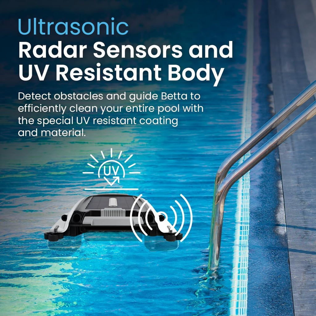 SE features a solar-powered automatic pool skimmer robot, with enhanced internal durability and a redesigned dual-salt chlorine-resistant motor (white)