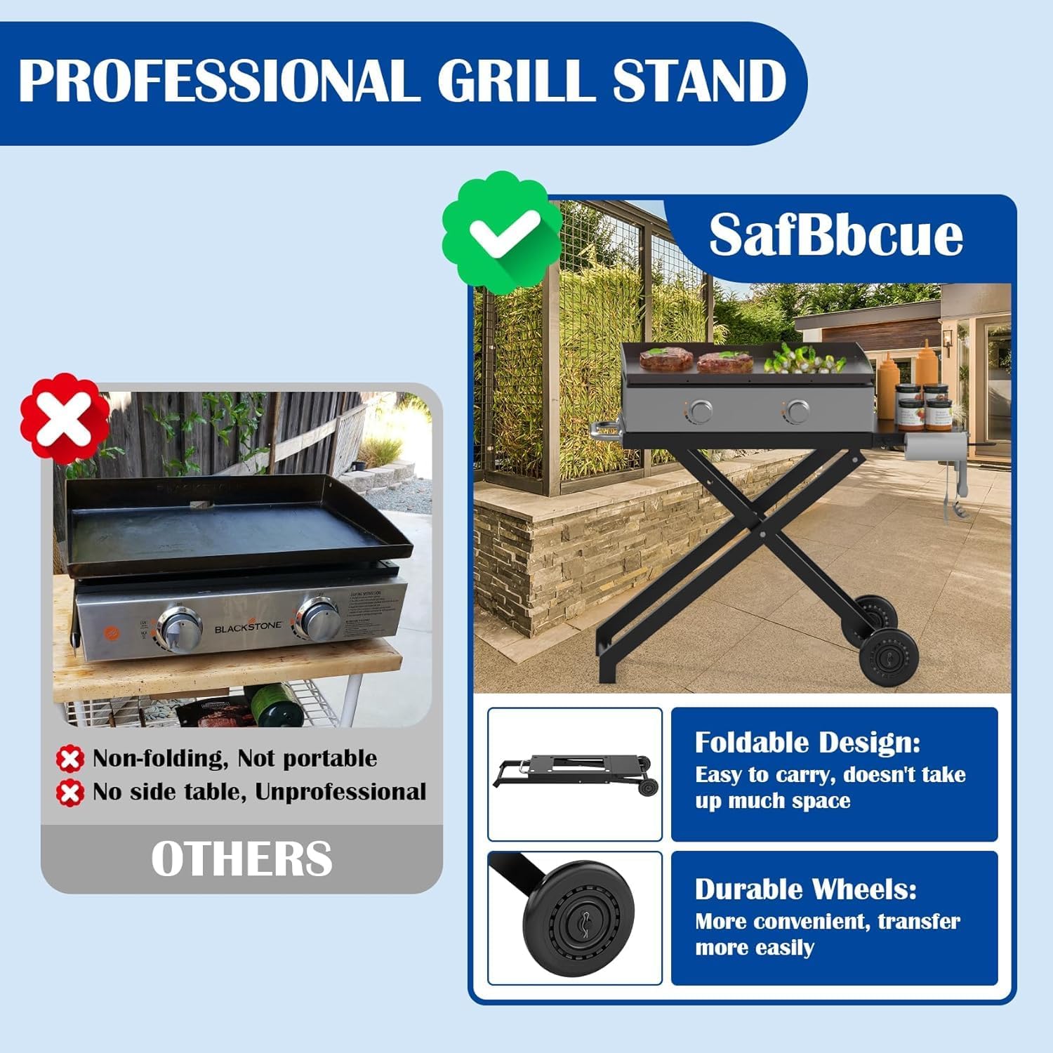Portable Grill Table for Blackstone 22 Inch 17 Inch Tabletop Griddle Accessories Folding BBQ Table, Outdoor Grill Stand for Blackstone 22" 17" Griddle Stand with Wheels Side Table