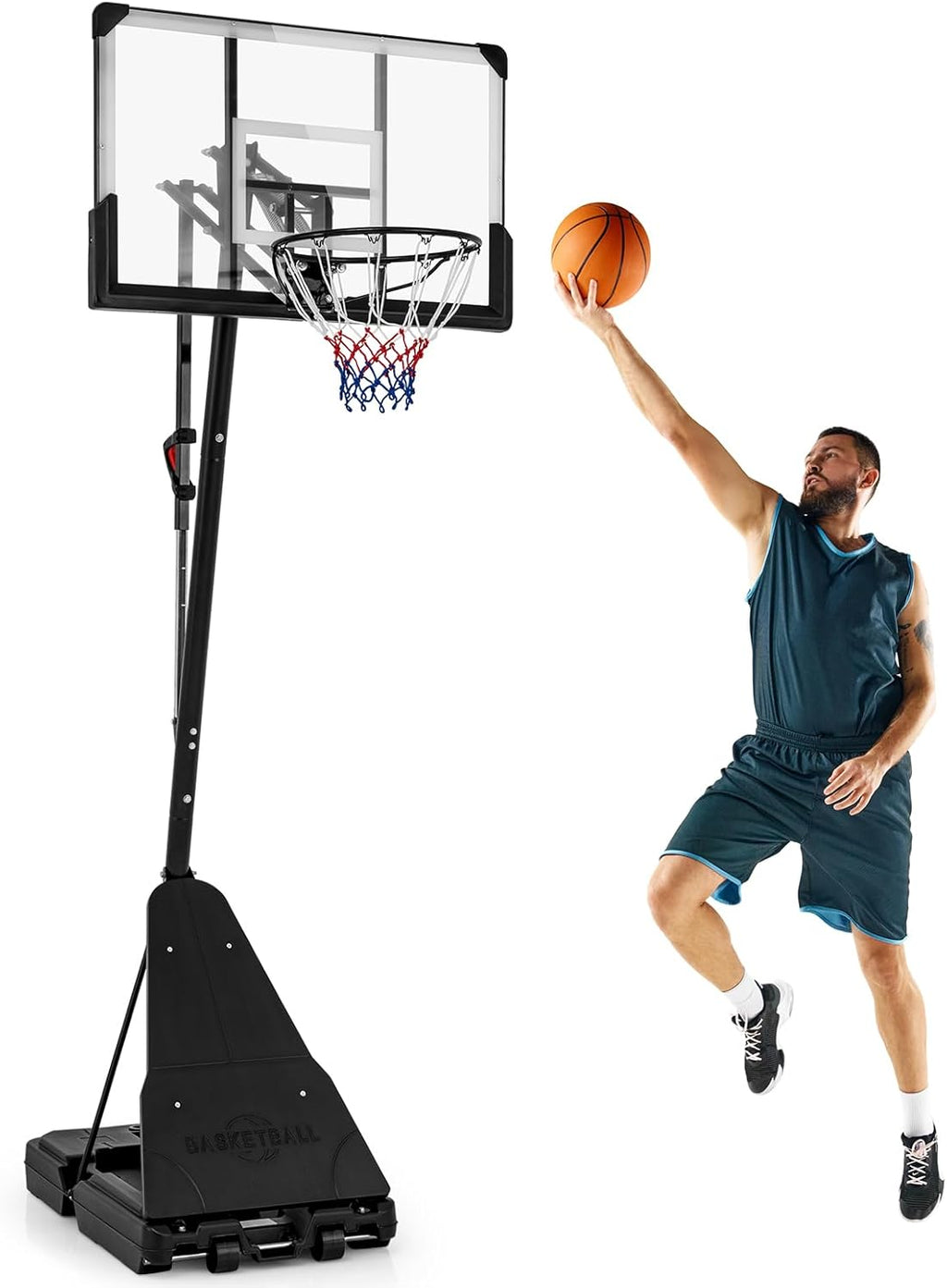4.9-10 FT Height Adjustable Basketball Goal with 44 Inch PC Backboard, Rebound Plate & Wheels for Teens Adults, Portable Basketball Hoop for Indoor & Outdoor