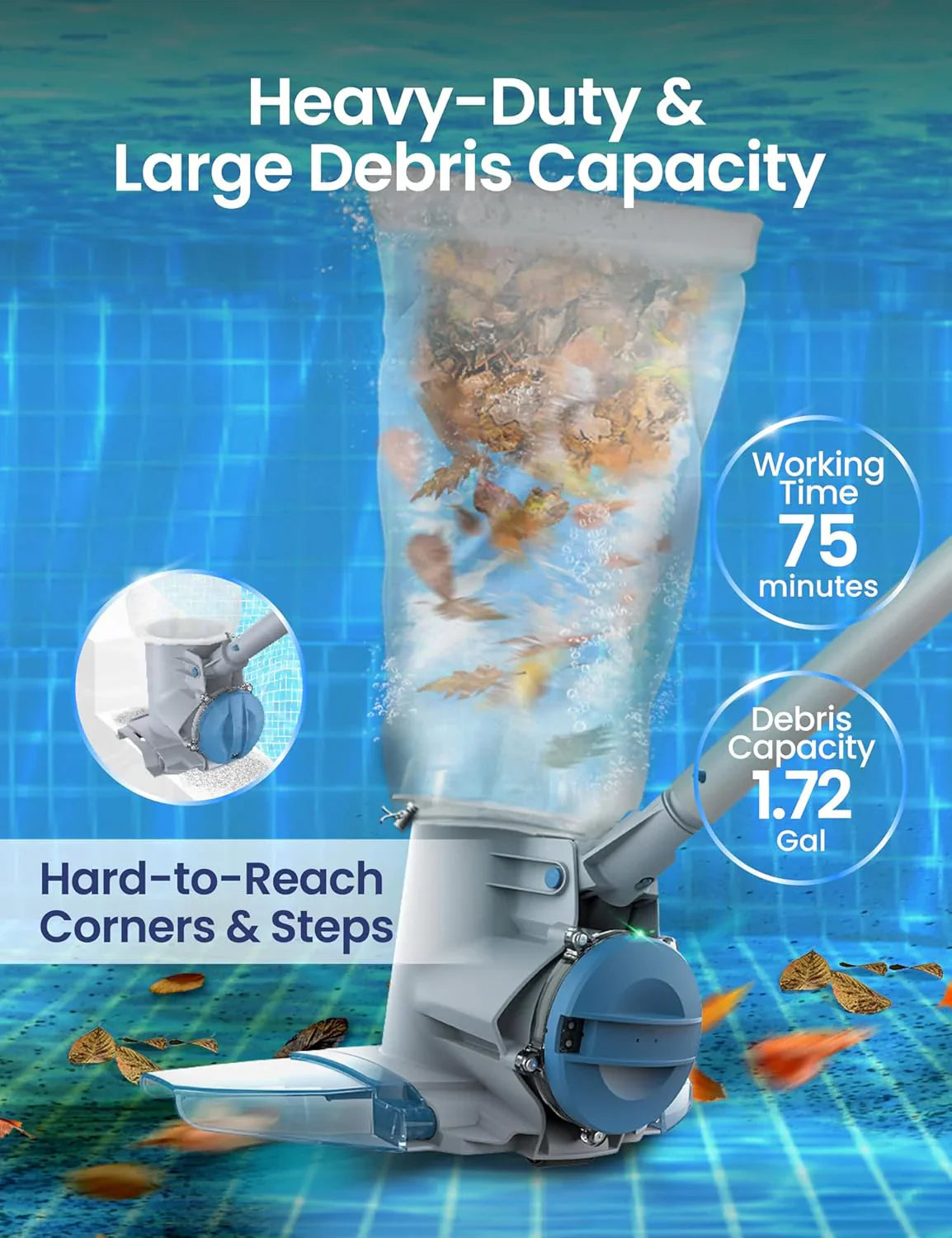 KOKIDO Rechargeable Cordless Pool Leaf Vacuum, 30GPM Strong Suction, 75 min Runtime, XL Heavy Duty Filter Bag, Leaves and Debris Removal, for Above Ground Pool and Inground Pools XV410