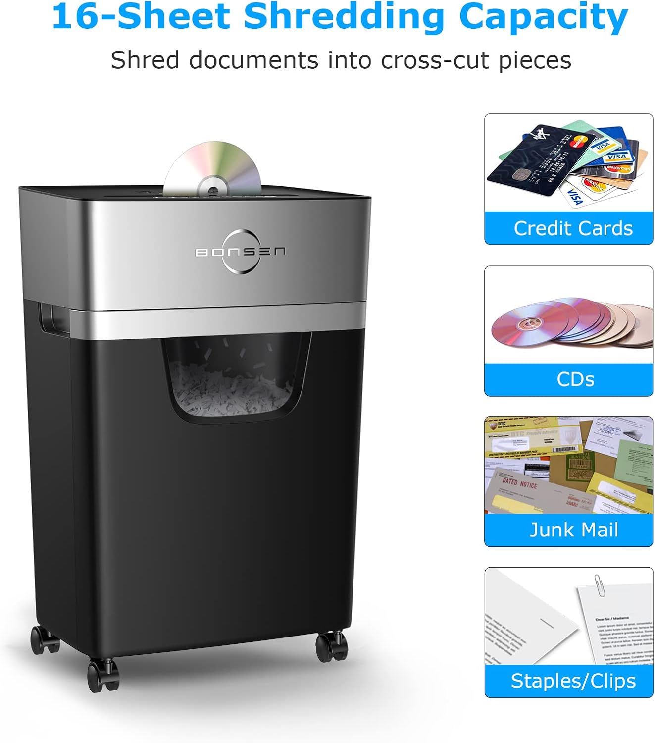 16-Sheet Heavy Duty Paper Shredder for Office, 60-Minute Running Time Cross-Cut CD Shredder with 60dB Low-Noise, 5.3-Gallon Pull Out Bin, Anti-Jam & Quiet Shredder for Home Office