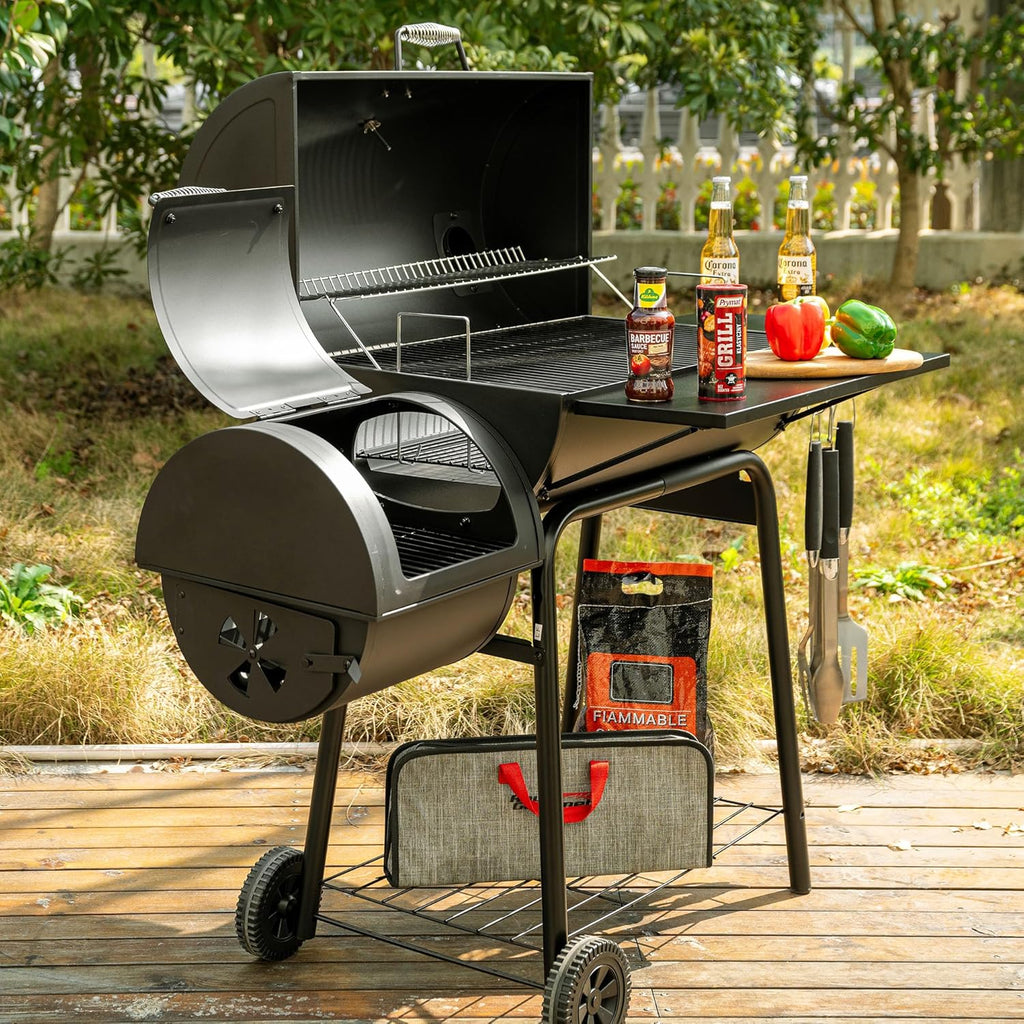 Gourmet BBQ Charcoal Grill and Offset Smoker, 30'' L, 800 Square Inch, Outdoor for Camping, Black