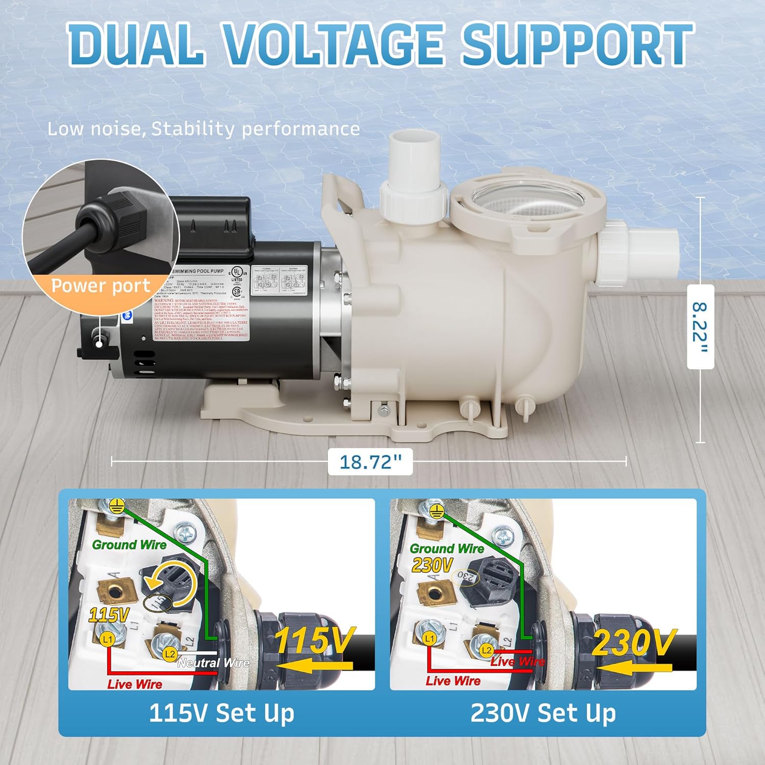 Single-speed pool pump, 1.5 horsepower, 115/208-230 volts, embedded pool pump, flow rate 6900 gallons per hour, low-noise pool pump, high flow, powerful self-suction pool pump, with filter basket, embedded design
