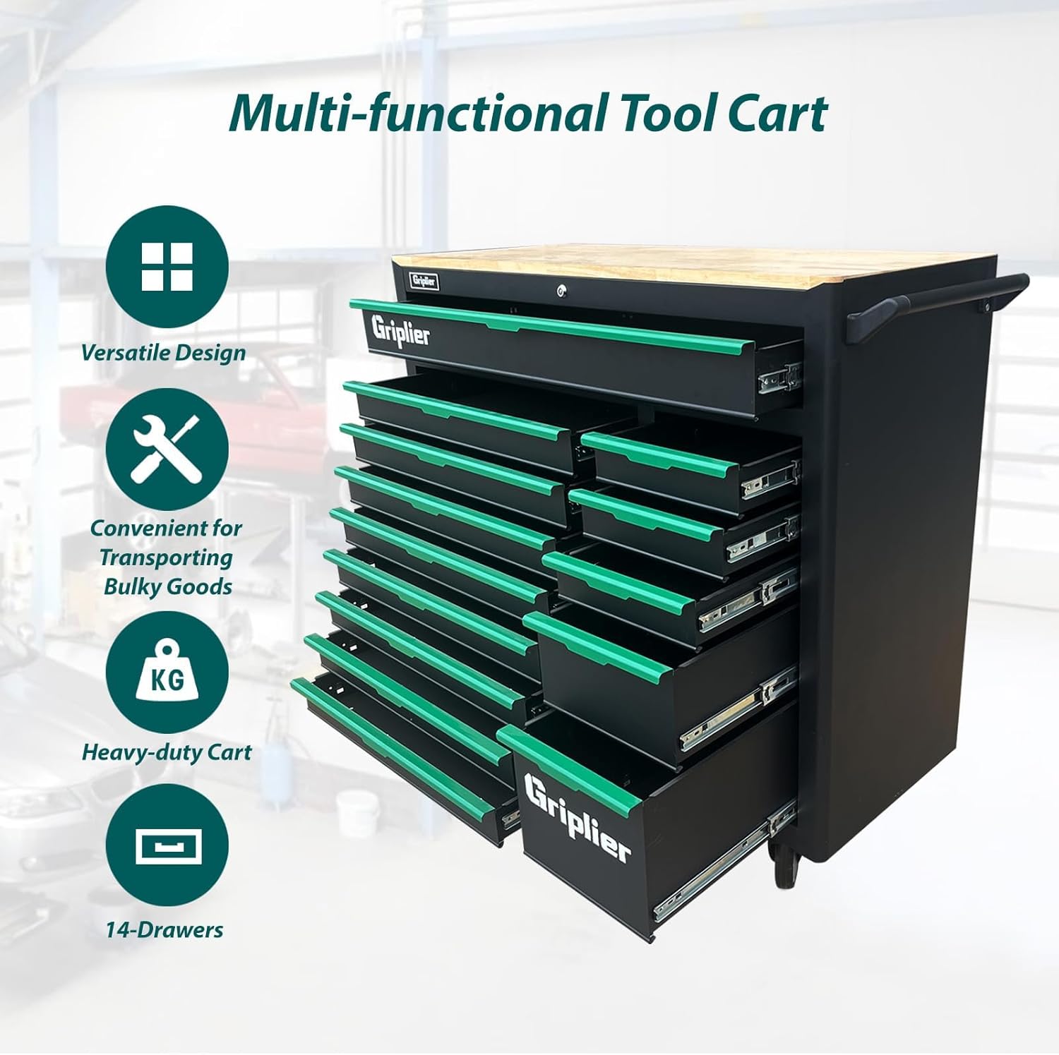 14-Drawers Rolling Tool Chest with Wood Workbench,Brake Casters,Heavy-Duty Steel Cabinet Storage, 46.8W x 18.3D x 42.7H inch