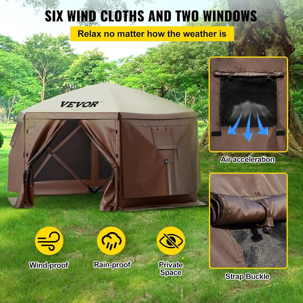 Camping awning tent, with dimensions of 12 feet by 12 feet, a hexagonal foldable sunshade tent, suitable for 8 people camping, IPX3 waterproof awning, equipped with a portable storage bag, ground stakes, mesh windows, in colors of brown and beige.