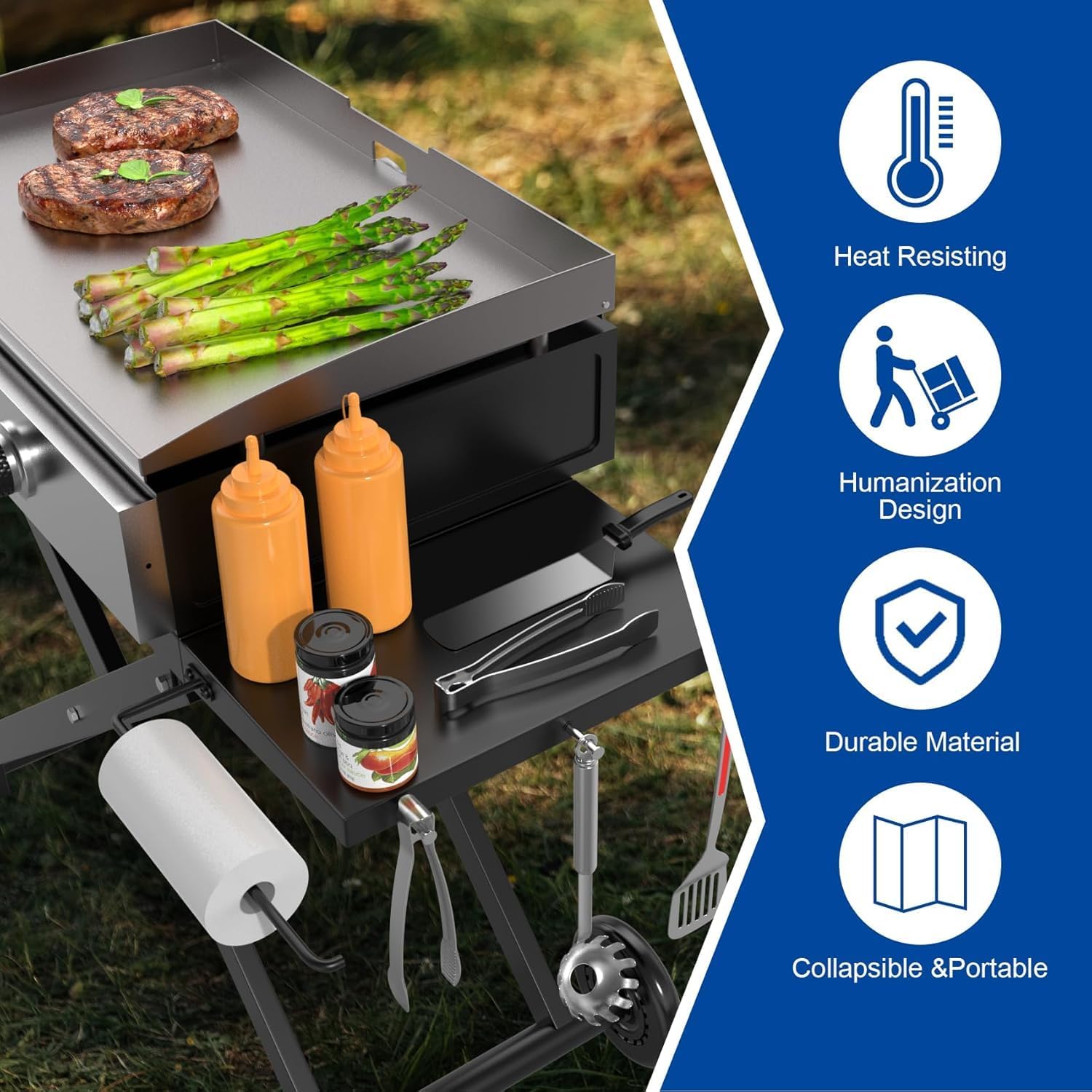 Portable Grill Table for Blackstone 22 Inch 17 Inch Tabletop Griddle Accessories Folding BBQ Table, Outdoor Grill Stand for Blackstone 22" 17" Griddle Stand with Wheels Side Table