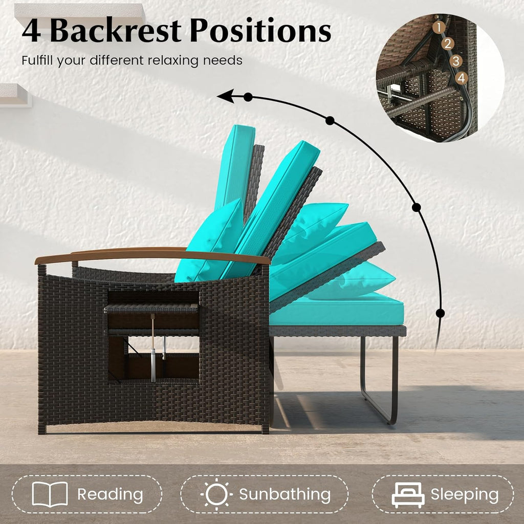 Outdoor Wicker Sofa Daybed, Rattan Loveseat with Folding Panels & Storage Ottoman, 4-Level Adjustable Backrest, Cozy Cushions Included, Sun Lounger Daybed for Backyard Porch,
