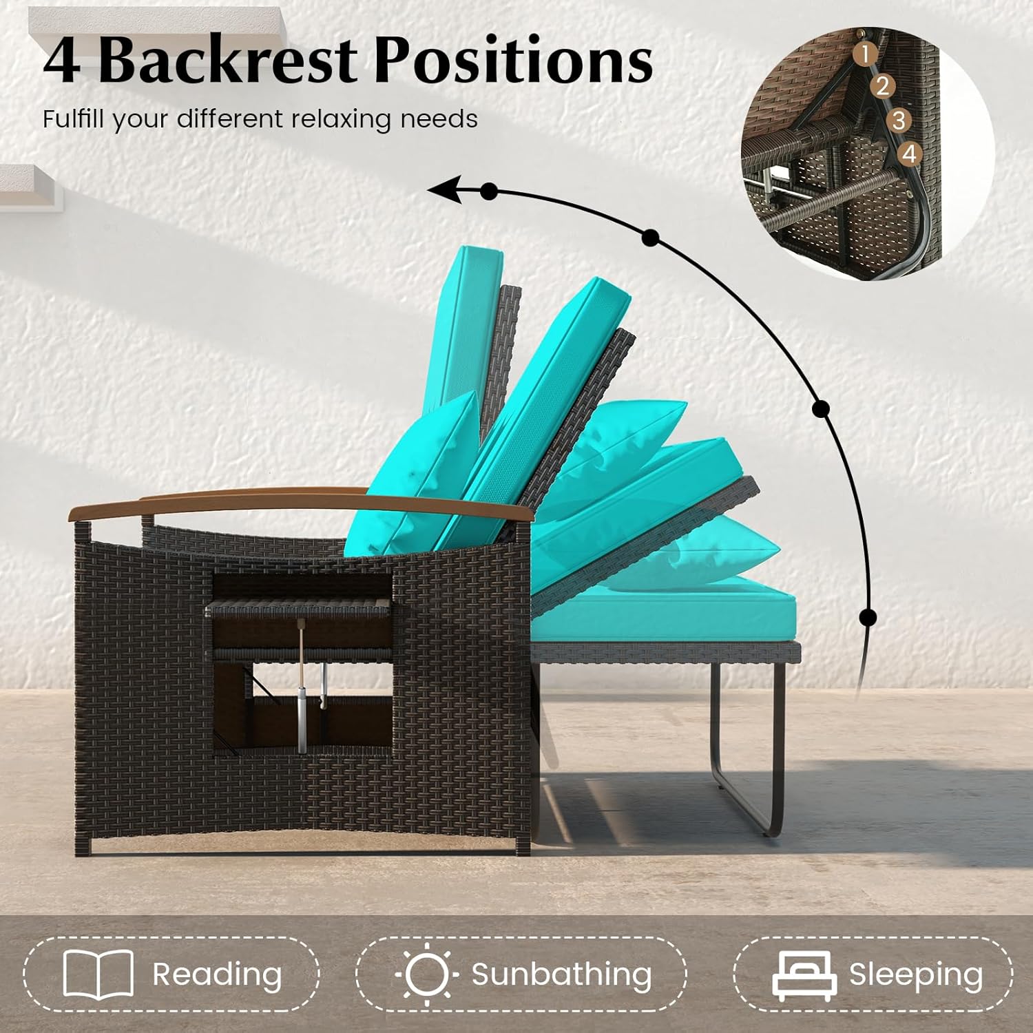 Outdoor Wicker Sofa Daybed, Rattan Loveseat with Folding Panels & Storage Ottoman, 4-Level Adjustable Backrest, Cozy Cushions Included, Sun Lounger Daybed for Backyard Porch,